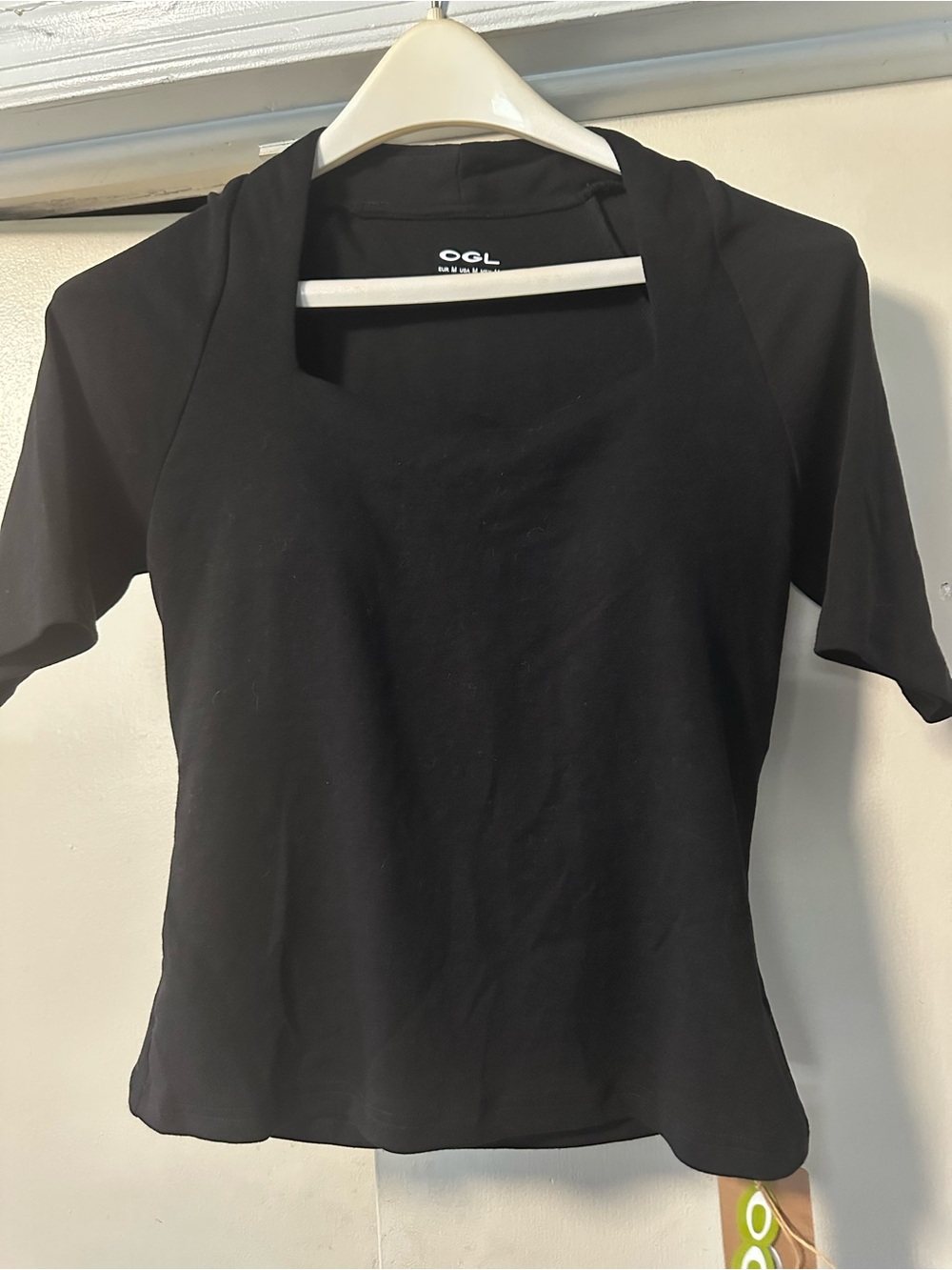 OGL Black Short Sleeve Square-Neck Top. Size medium